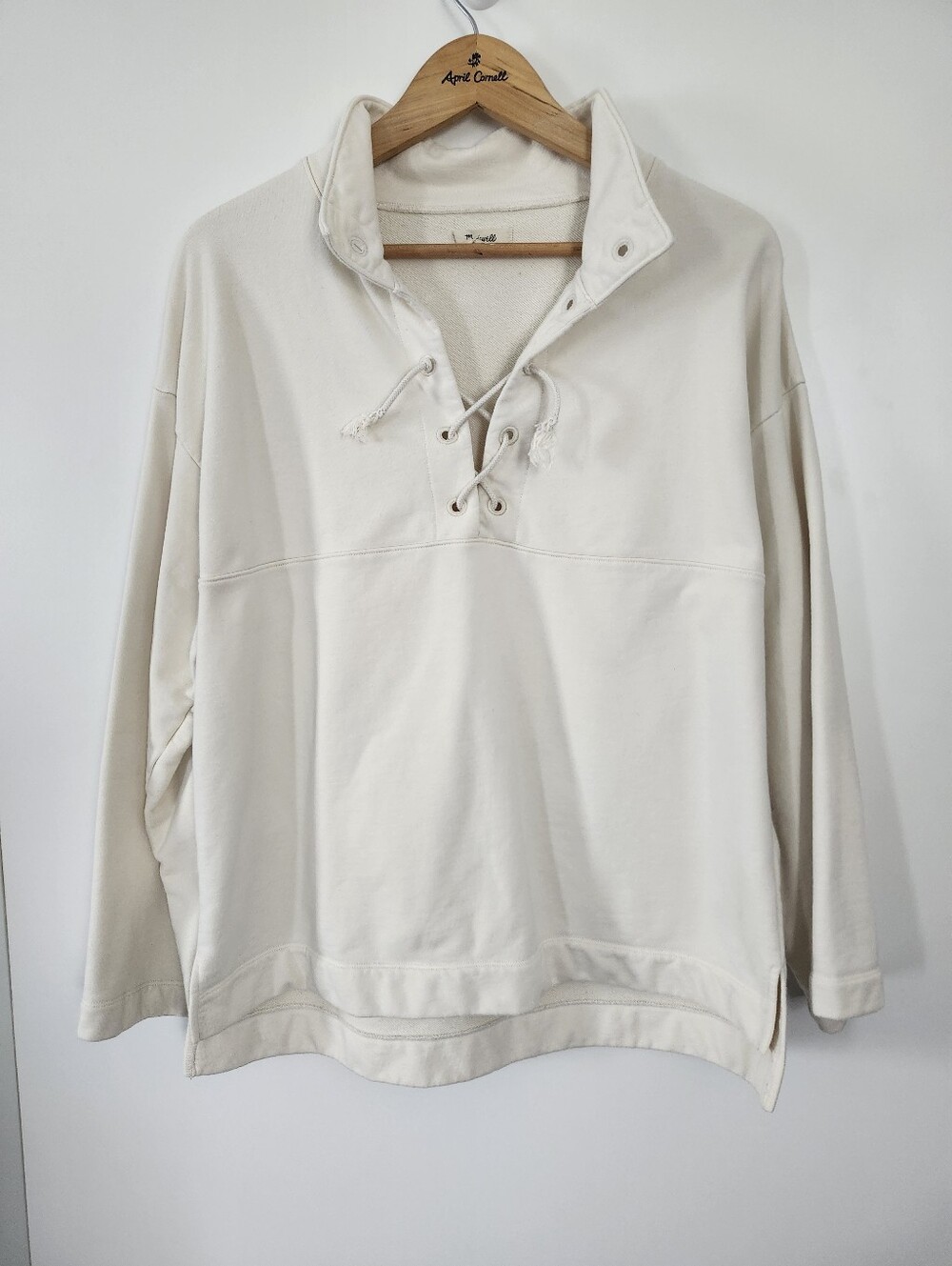 MADEWELL Lace Up Henley Relaxed Fit Pullover Cotton Sweater Large Lite Cream